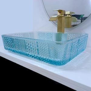 460mm Length Rectangular Vessel Sinks Glass Bathroom 330mm Width Water Blue