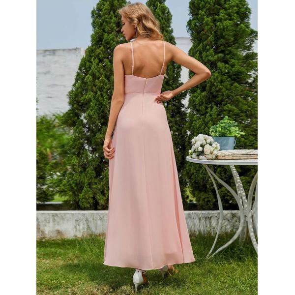 Chic Sleeveless V-neck Spaghetti Strap A-line Pink Chiffon Bridesmaid Dress With Lotus Leaf
