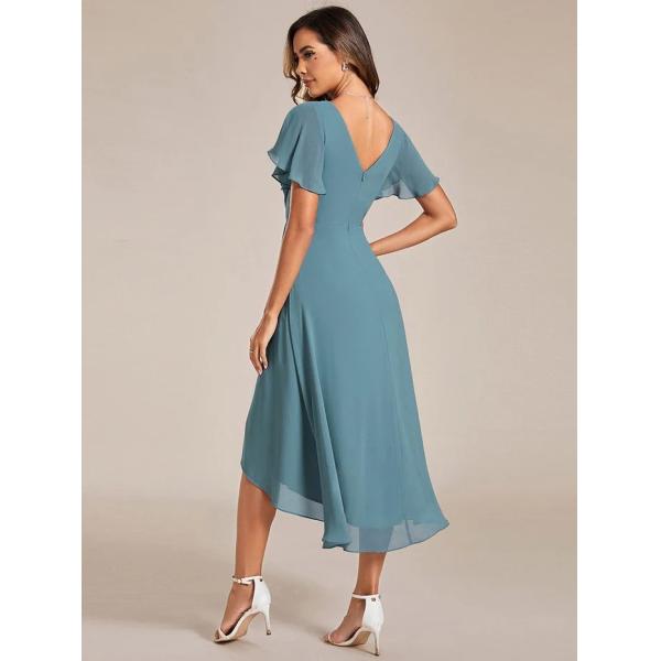 Chic V-neck High-low Short Flutter Sleeves A-line Ruffles Midi Invisible Zipper Dusty Blue Chiffon Guest Cocktail Dress