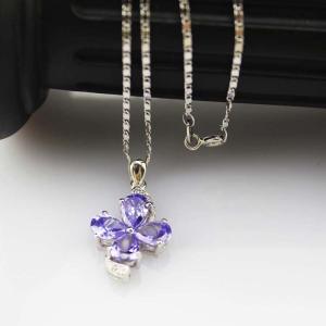 Sterling Silver Chain Necklace with Blue Cubic Zirconia Quatrefoil Charm Pendant