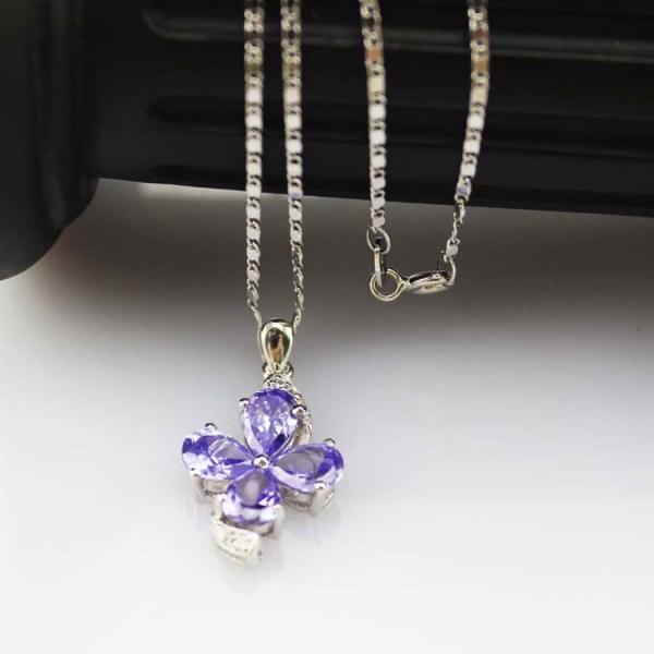 Sterling Silver Chain Necklace with Blue Cubic Zirconia Quatrefoil Charm Pendant(P05)