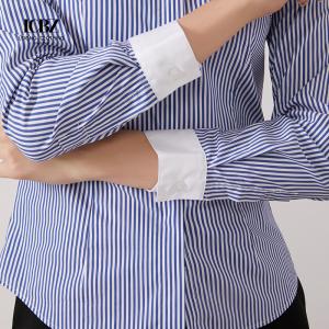 Work Office Formal Navy 100% Cotton Strip Button Down Shirts Custom Contrast