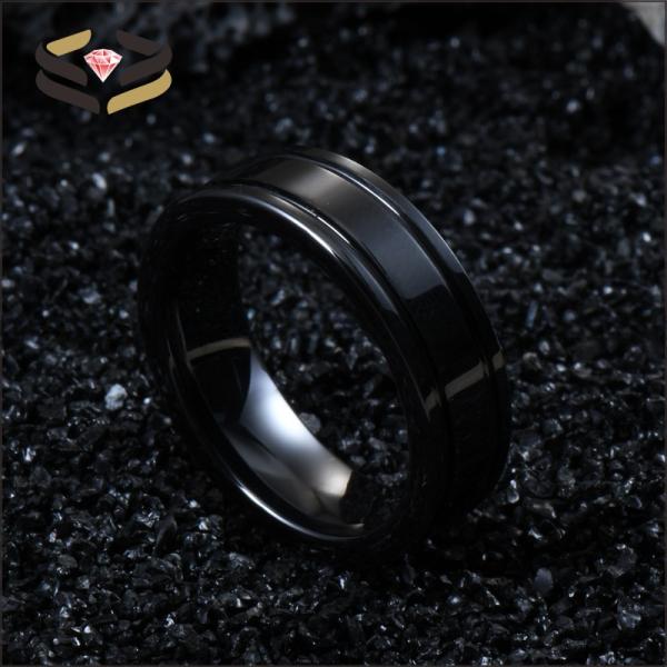 Geometric Black Ceramic Wedding Band Double Grooved Line 6mm For Men Women
