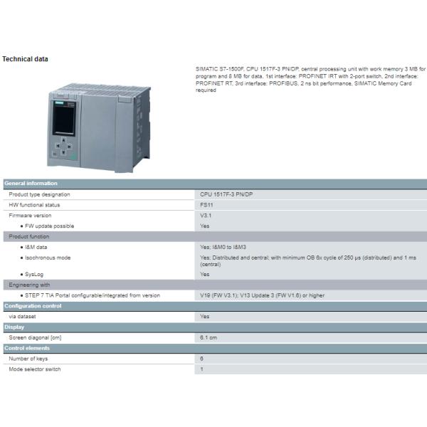6ES7517-3FP00-0AB0 SIMATIC S7-1500F CPU Module With Work Memory 100% Original