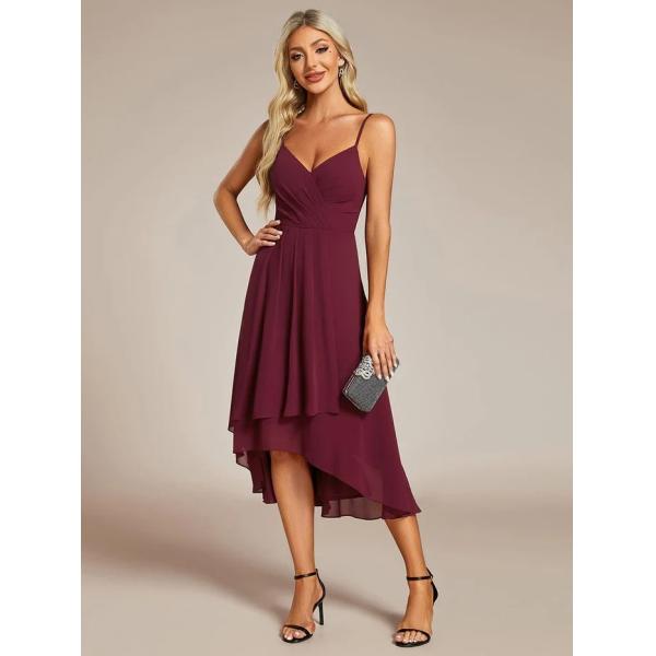 Popular V-neck Spaghetti Strap Empire A-line High-low Chiffon Wedding Guest Dress White Midi Prom Dress