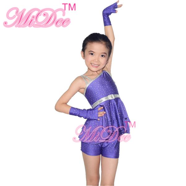 Diagonal Neck Kids Dance Costumes Pink Blue Red Confetti Spandex Outfits
