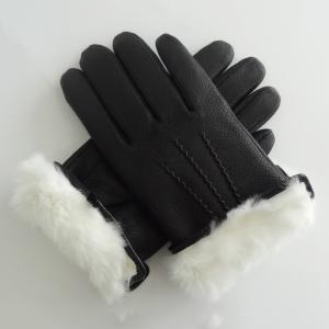 Black Rabbit Fur Lined Deerskin Mens Soft Leather Gloves
