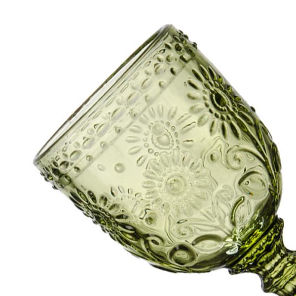 Hot Sale Green Color Glassware Vintage Pattern Embossed High Clear Glass Goblets