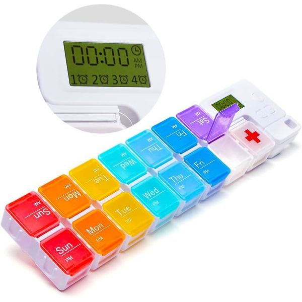 Smart Pill Box,7 Day Pill Organizer,4 Alarm Clocks,AM/PM Automatic Alarm