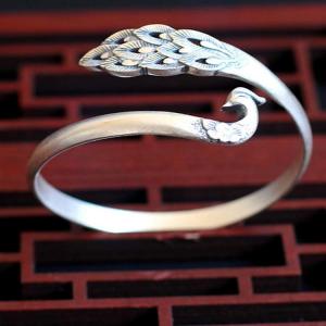 Sterling Silve Open Adjustable Cuff Bracelet Engraved Peafowl Fine Bangle
