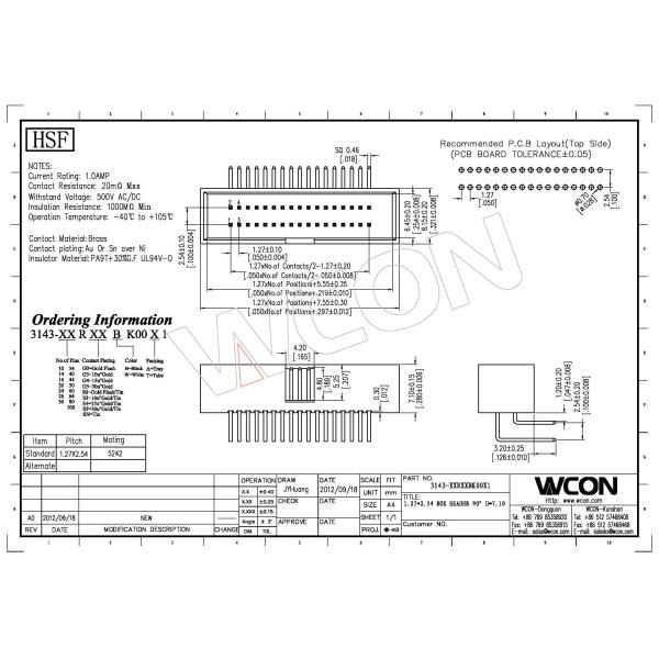 Brass Gold Flash 90° DIP Box Header Connector 1.27*2.54mm 2*10P PA9T 30％GF UL94V-0