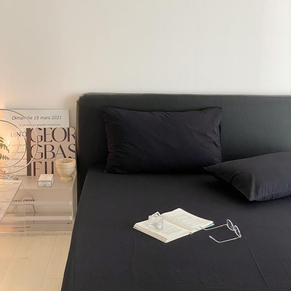 1.2m 4 feet King-Size Bedding Set in Solid Black Washed Cotton with Matching Curtains