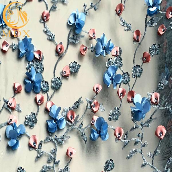 Delicate Sequined Lace Fabric Multicolor Mesh Beaded Floral Embroidery Lace