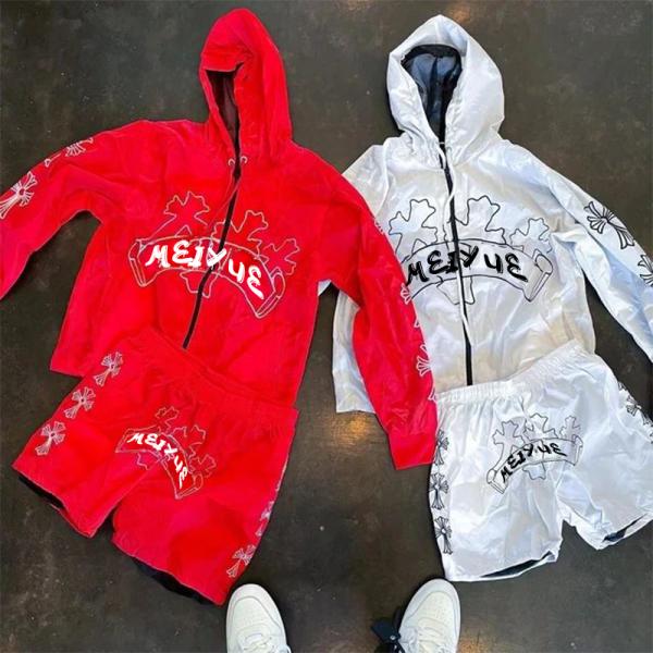 Custom Double Layer Nylon Hoodies Oversized Jacket Cropped Shorts Jogging Suit Unisex Wiindbreaker Zip up Hoodie and Short Set