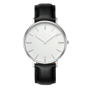 Quality Fashionable Silver Stainless Steel Watch Waterproof Black Calf Leather Strap for sale