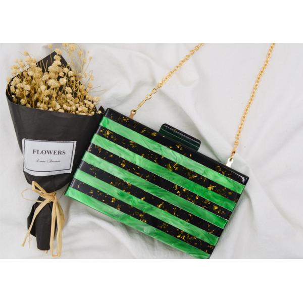 Pearl Gold Foil Acrylic Clutch Bag Light Green And Black Color With Splicing