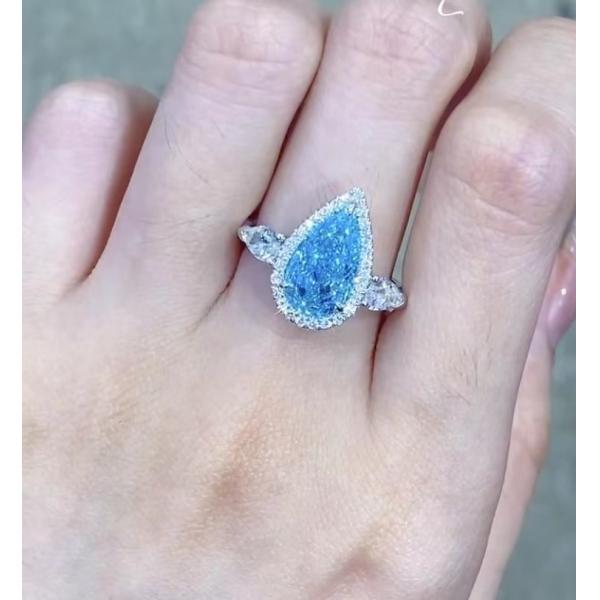 18K White Gold CVD Diamond Ring 2.32ct Blue Pear Cut Engagement Ring Jewelry
