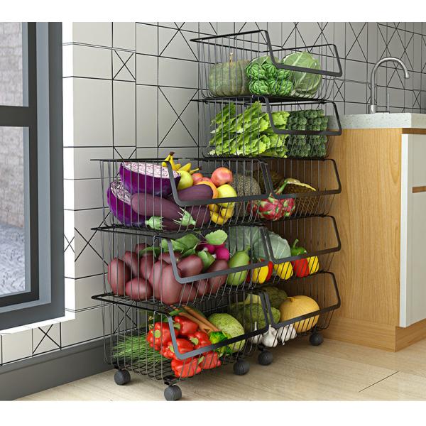 Black Kitchen Basket With Wheels Home Floor Multi-Layer Storage Rack Vegetable Rack