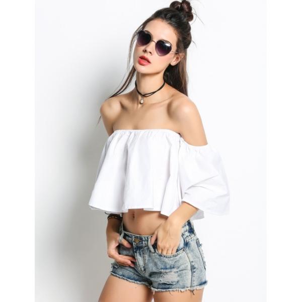 Ladies Tops Latest Design Women Off Shoulder Flare Sleeve Ruffles Solid Crop Tops