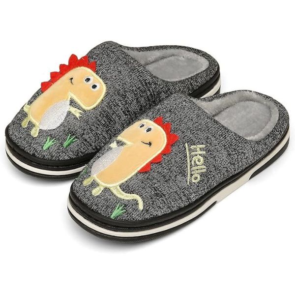 Fun DIno Featured Kids Slippers Warm Faux Fur Lining for Winter Comfort