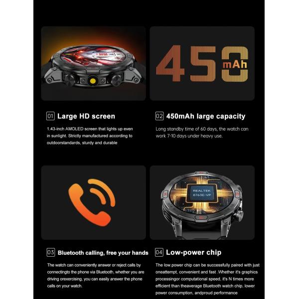 KC86 Men Smart Watch 1.43 Inch HD Large Screen BT Call Flashlight Compass Smart Watch 450mAh