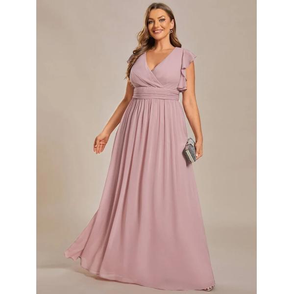 Empire Plus Size V-neck Open Back Ruffled A-line Cap Sleeves Dark Green Chiffon Bridesmaid Dress