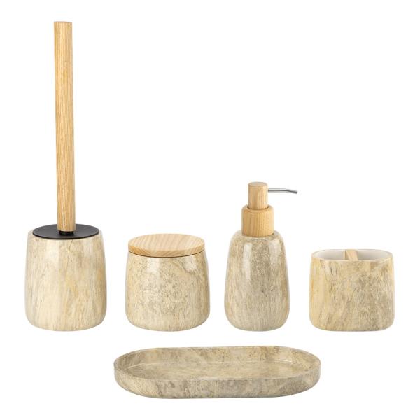 Buy Round Shape Marble Print Polyresin Bathroom Accessories Soap Dispenser With Wood Part at wholesale prices