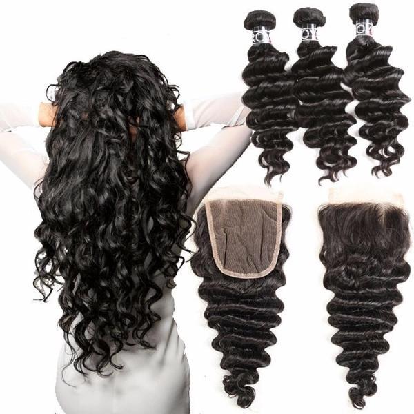 Buy Loose Deep Wave Virgin Brazilian Human Hair Bundles With Closure No Tangle at wholesale prices