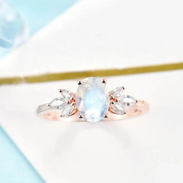 Rose gold Women 925 Sterling Silver Bridal Marquise Jewelry Faceted Oval cut Moonstone Engagement Ring For Women