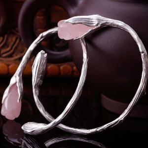 Handcraft Sterling Silver Cuff Bracelet with Sculpted Rose Quartz Gardenias