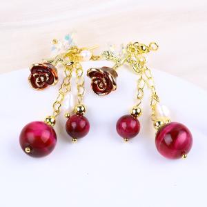 10MM 8MM Rose Red Tiger Eye Crystal And White Pearl With Rose Flower Dangle Long