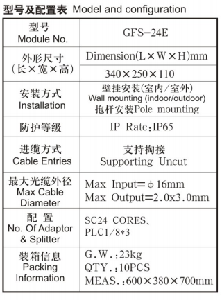Optical Fiber Distribution Box GFS-24E, 24PCS SC/3X1:8PLC ,340*250*110mm,wall/pole-mounted,IP65,,support uncut