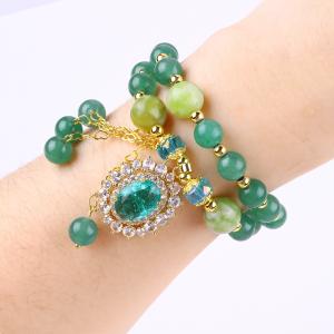 Oval Shape Green Aventurine Stone Bead Bracelet Double Layer