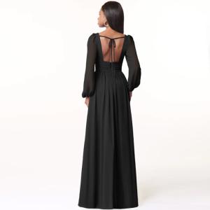 Charming OEM Chiffon Long Bridesmaid Dress A-Line V-Neck Long Sleeves Front