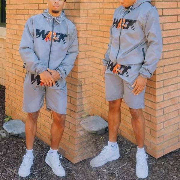 Custom Embroidery logo Two Piece Set Patchwork Zip up Nylon Polyester Streetwear Tracksuit Men Windbreaker Short Sets for Men