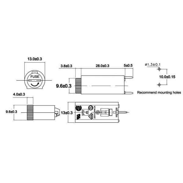 Panel Mount PTF-45 Fuse Holder 6.3A 250V 5x20mm Vertical Stricture