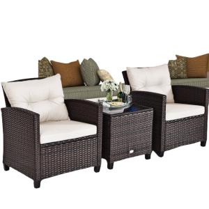 3pc Patio Wicker Bistro Conversation Patio Balcony Poolside-2 Cushioned