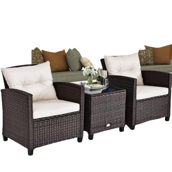 3pc Patio Wicker Bistro Conversation Patio Balcony Poolside-2 Cushioned Armchairs Glass Topped Table Outdoor Rattan Sofa