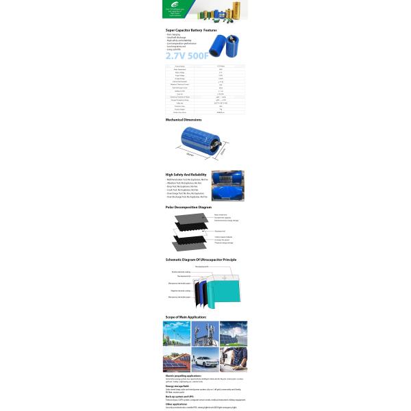 2.7V 500F Lug Super Start Supercapacitor Cell 35x65mm Environmentally Farad Run