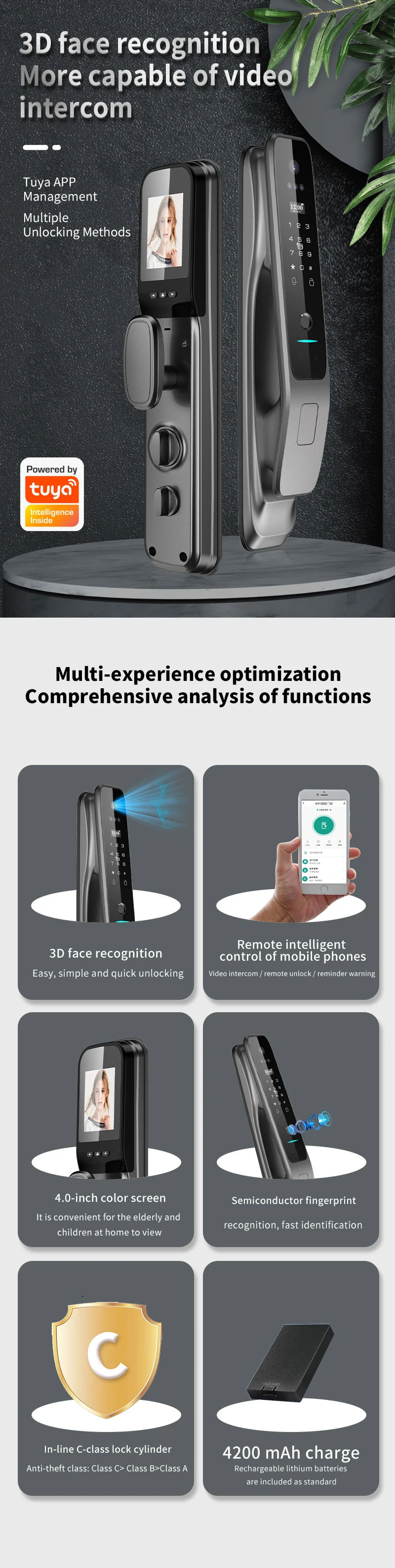 Facial recognition intelligent lock fully automatic Tuya Smart secure home