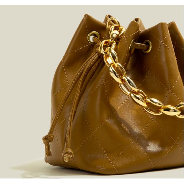 14cm Thick Chain Shoulder Bag First Layer Leather Drawstring Bucket Purse