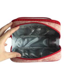 Red Canvas Double Zip Makeup Bag Large Capacity Separate Compartments