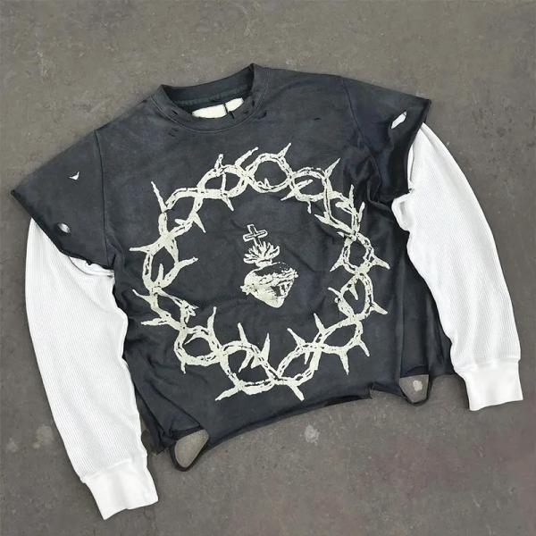 MeiYue Distressed Screen Print T-shirt Vintage Cotton Ripped Double Layer Long Waffle Sleeve Oversized Acid Wash T Shirt for Men