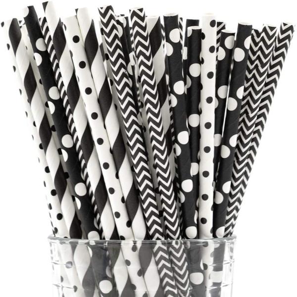 Buy Halloween Black And White Striped Polka Dot Disposable Paper Straws at wholesale prices