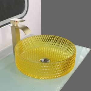 Yellow Crystal Glass Wash Basin Cylindrical Shape Countertop Vessel Sink