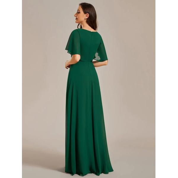 Sexy Empire Applique A-line Short Flutter Sleeves V-neck Invisible Zipper Dark Green Chiffon Evening Dress