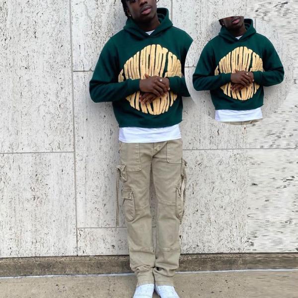 Heavyweight 420gsm Black Puff Print Hoodie No Pocket Mens Hip Hop Hoodies