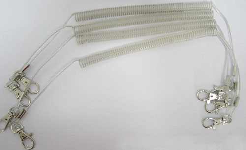 Buy Pure clear PU coated coil string with stainless steel wire inside w/heavy duty snap hooks at wholesale prices
