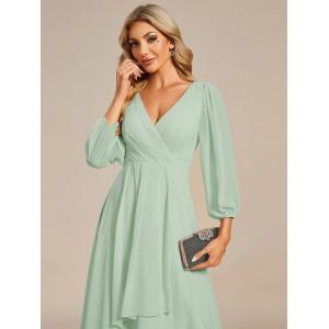 Elegant Empire Long Sleeve V-neck High Low A-line Ruffled Midi Mint Green