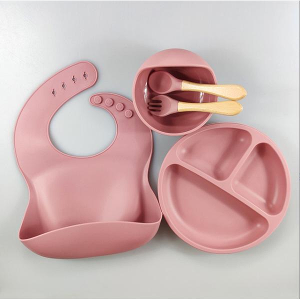5pcs Eco-friendly Baby Feeding Set Silicone Suction Bowls Plates Spoon Fork Bib for Toddlers